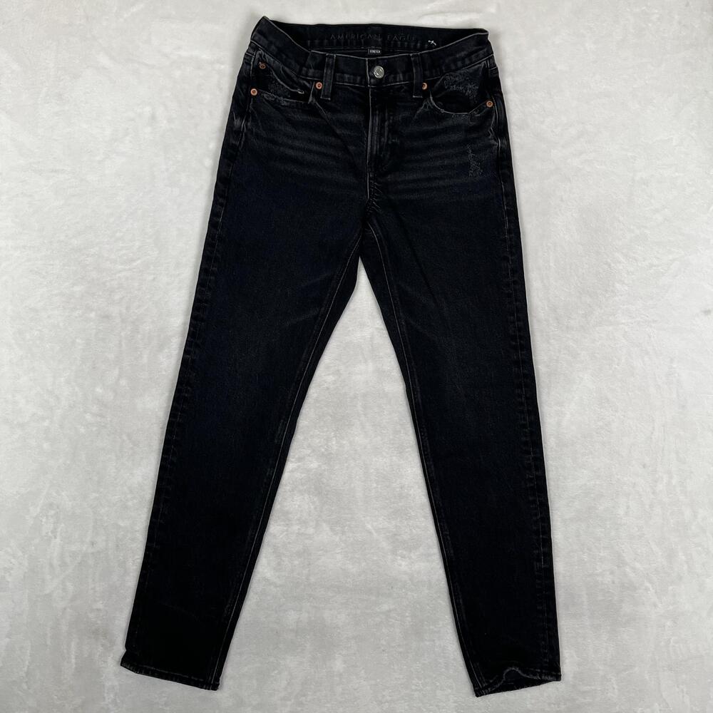 American Eagle 90s Skinny Jeans Womens 2 Black Charcoal Wash Distressed Denim